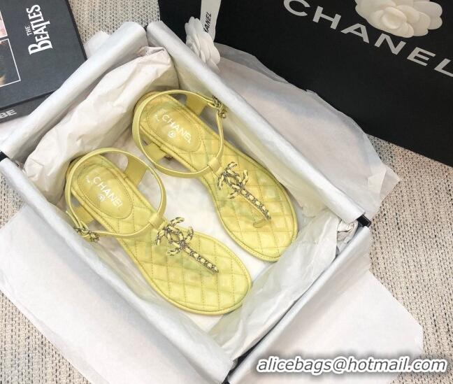 Luxury Chanel Lambskin Heel Thong Sandals with Chain Charm G36402 Yellow 2020 