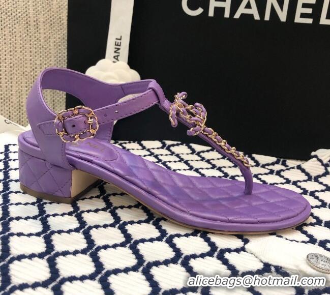 Hot Style Chanel Lambskin Heel Thong Sandals with Chain Charm G36402 Purple 2020