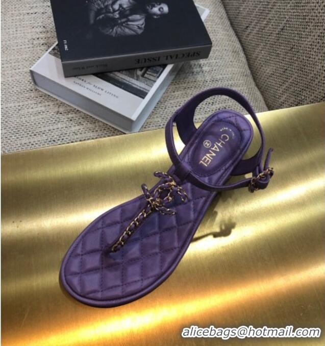 Hot Style Chanel Lambskin Heel Thong Sandals with Chain Charm G36402 Purple 2020