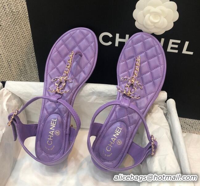 Hot Style Chanel Lambskin Heel Thong Sandals with Chain Charm G36402 Purple 2020