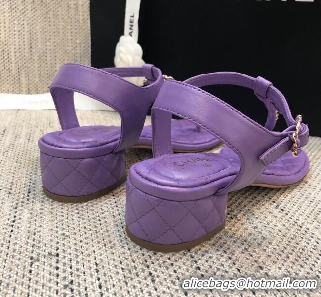 Hot Style Chanel Lambskin Heel Thong Sandals with Chain Charm G36402 Purple 2020