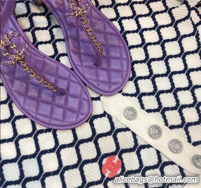 Hot Style Chanel Lambskin Heel Thong Sandals with Chain Charm G36402 Purple 2020