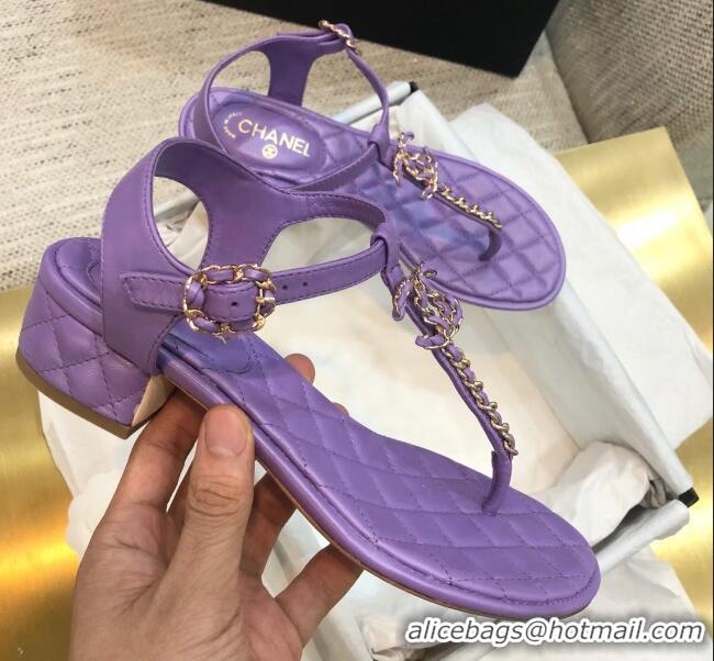 Hot Style Chanel Lambskin Heel Thong Sandals with Chain Charm G36402 Purple 2020