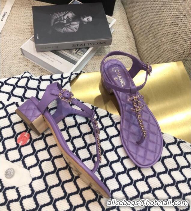 Hot Style Chanel Lambskin Heel Thong Sandals with Chain Charm G36402 Purple 2020