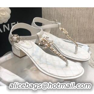 Grade Style Chanel Lambskin Heel Thong Sandals with Chain Charm G36402 White 2020