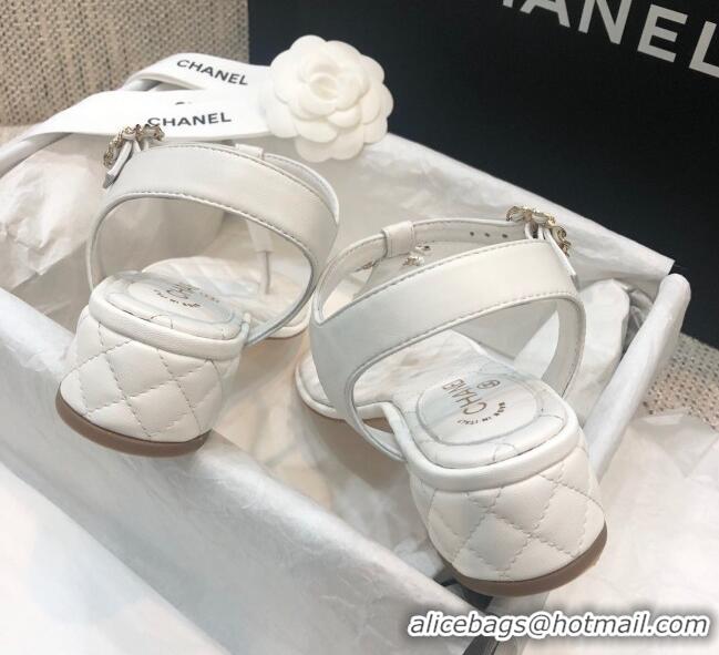 Grade Style Chanel Lambskin Heel Thong Sandals with Chain Charm G36402 White 2020