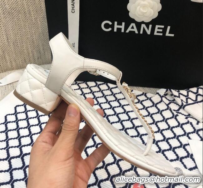 Grade Style Chanel Lambskin Heel Thong Sandals with Chain Charm G36402 White 2020