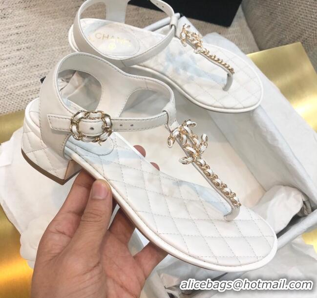 Grade Style Chanel Lambskin Heel Thong Sandals with Chain Charm G36402 White 2020