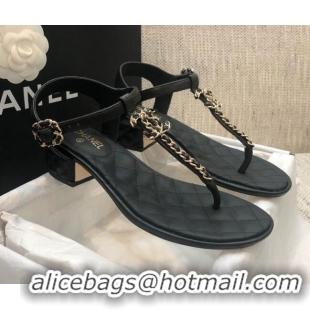 Duplicate Chanel Lambskin Heel Thong Sandals with Chain Charm G36402 Black 2020