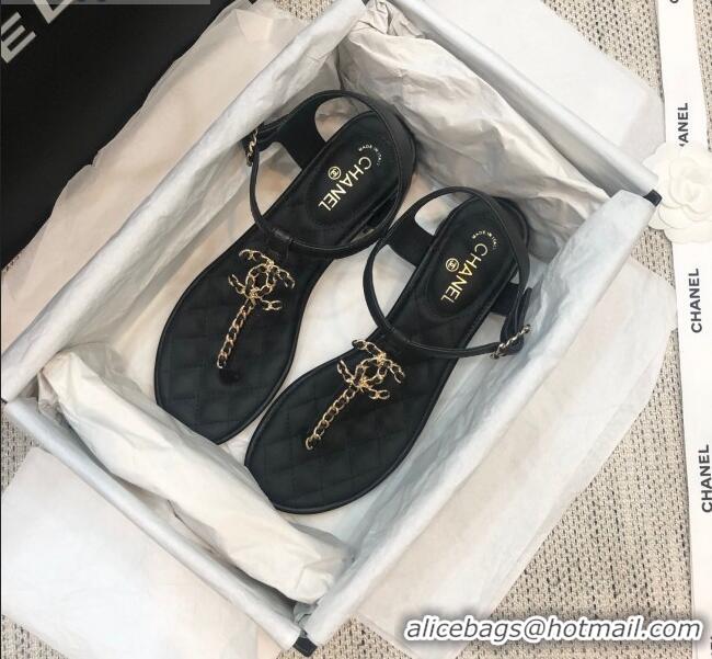 Duplicate Chanel Lambskin Heel Thong Sandals with Chain Charm G36402 Black 2020