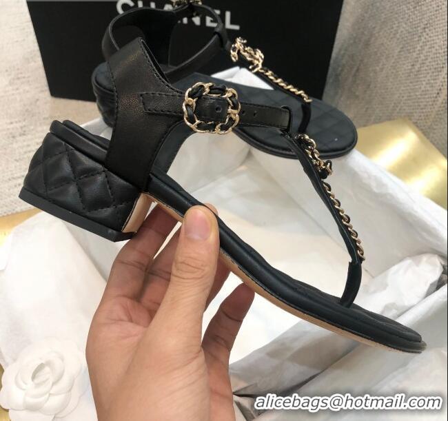 Duplicate Chanel Lambskin Heel Thong Sandals with Chain Charm G36402 Black 2020