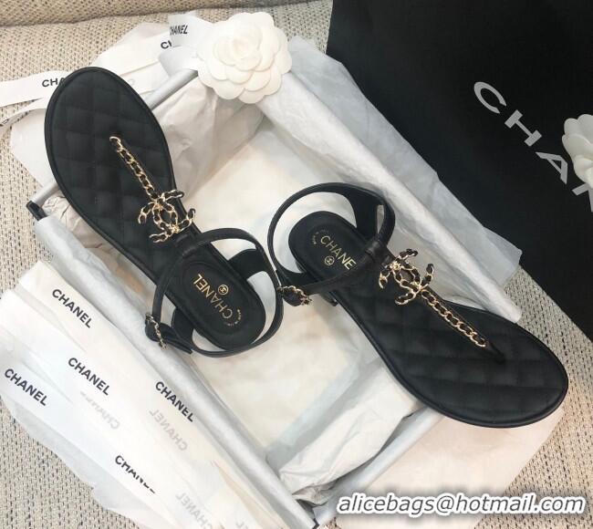 Duplicate Chanel Lambskin Heel Thong Sandals with Chain Charm G36402 Black 2020