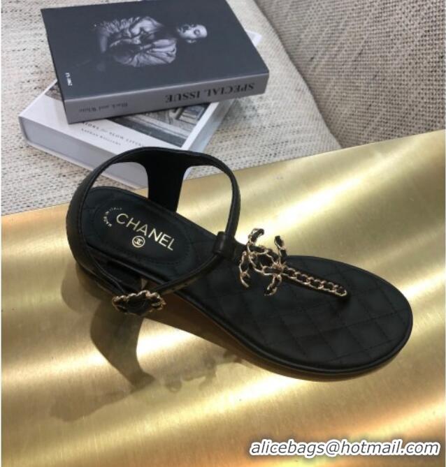 Duplicate Chanel Lambskin Heel Thong Sandals with Chain Charm G36402 Black 2020