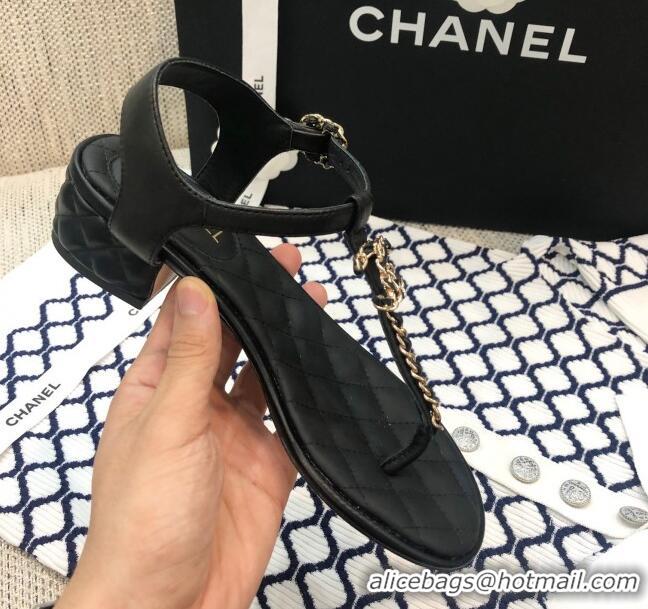 Duplicate Chanel Lambskin Heel Thong Sandals with Chain Charm G36402 Black 2020