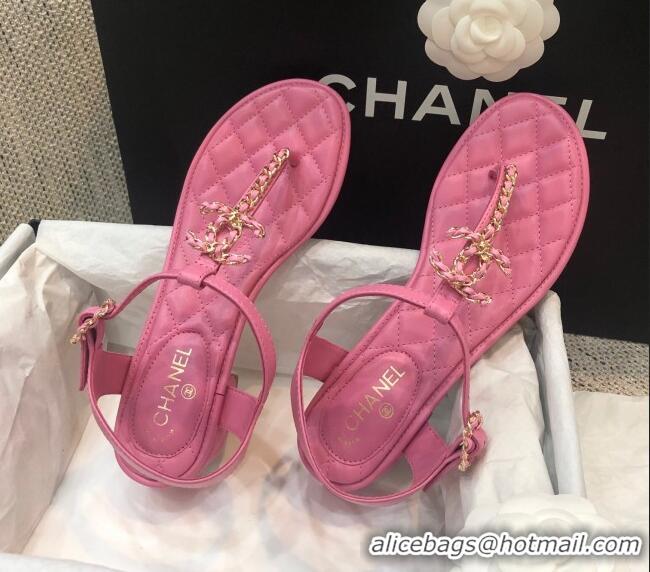 Best Price Chanel Lambskin Heel Thong Sandals with Chain Charm G36402 Pink 2020