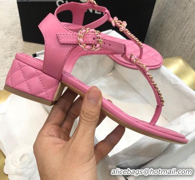 Best Price Chanel Lambskin Heel Thong Sandals with Chain Charm G36402 Pink 2020