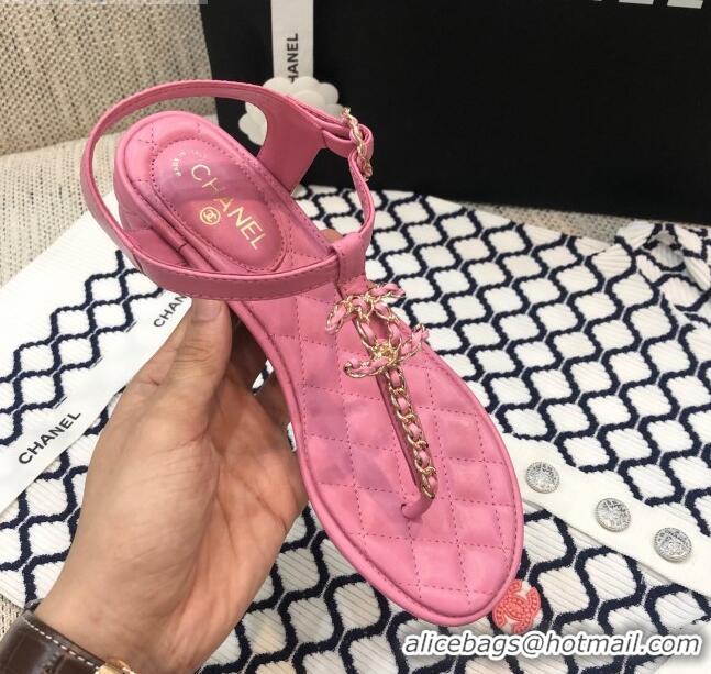 Best Price Chanel Lambskin Heel Thong Sandals with Chain Charm G36402 Pink 2020