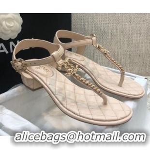 Good Looking Chanel Lambskin Heel Thong Sandals with Chain Charm G36402 Nude 2020