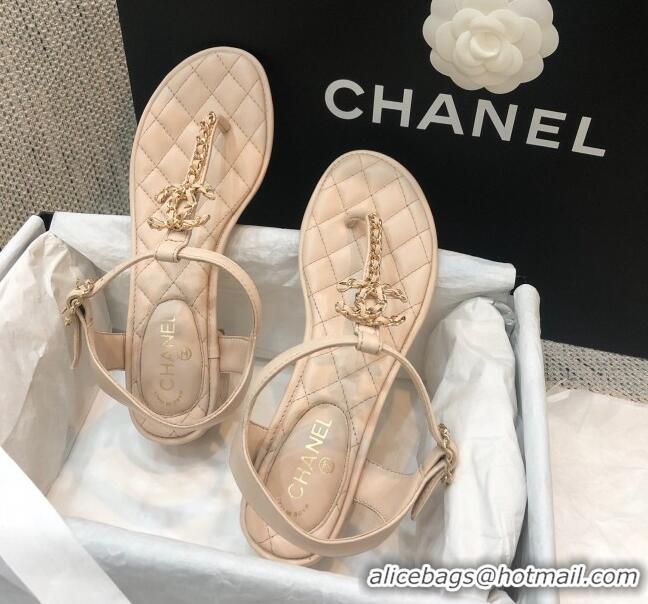 Good Looking Chanel Lambskin Heel Thong Sandals with Chain Charm G36402 Nude 2020