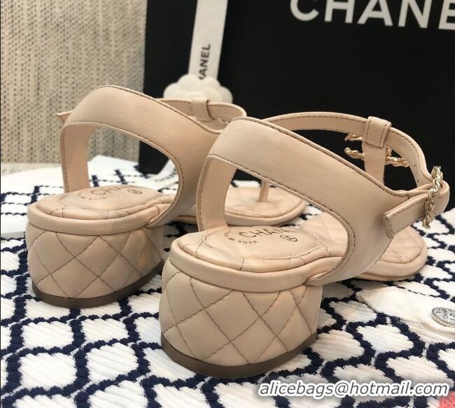 Good Looking Chanel Lambskin Heel Thong Sandals with Chain Charm G36402 Nude 2020