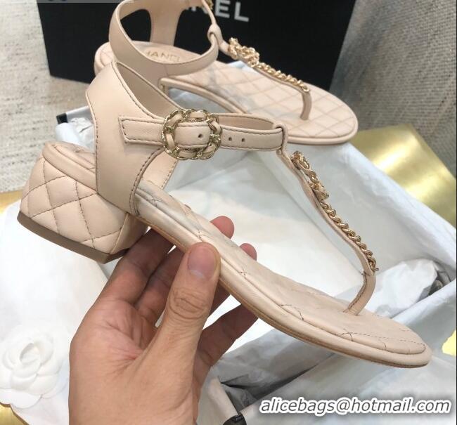 Good Looking Chanel Lambskin Heel Thong Sandals with Chain Charm G36402 Nude 2020