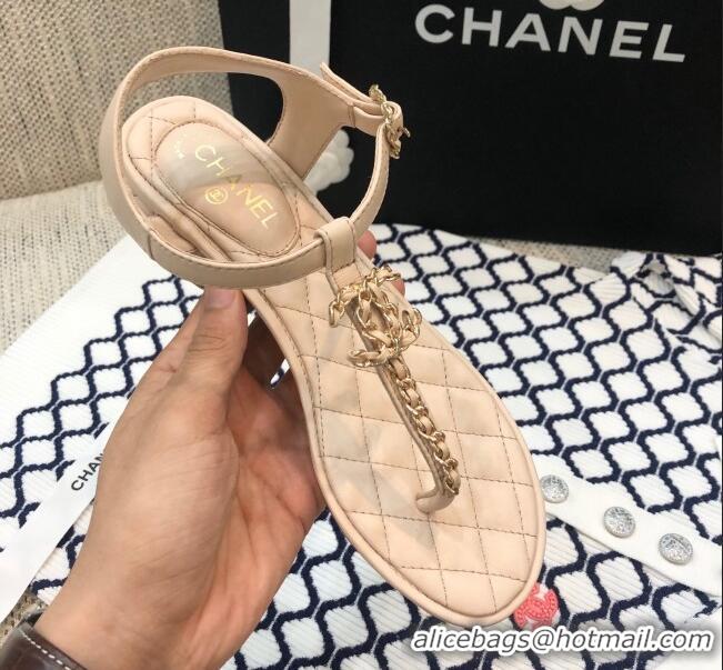 Good Looking Chanel Lambskin Heel Thong Sandals with Chain Charm G36402 Nude 2020