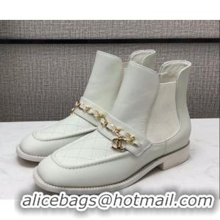 Elegant Chanel Quilted Calfskin Short Chelsea Boot with Chain 92433 White