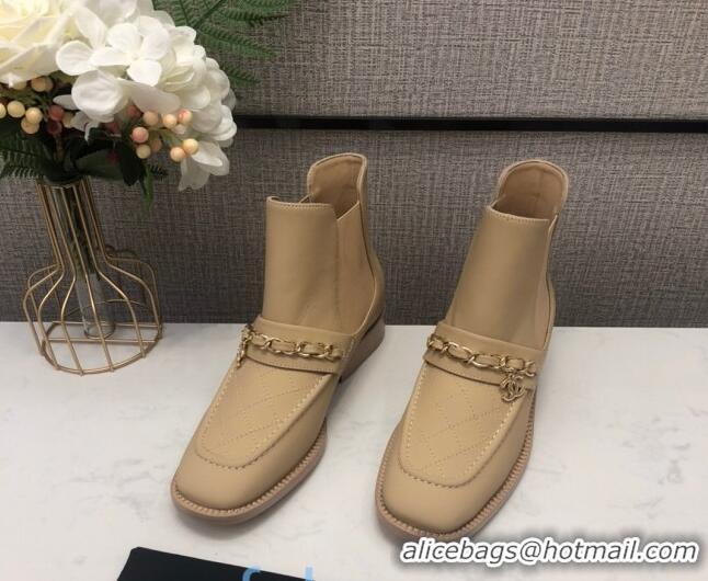 Grade Quality Chanel Quilted Calfskin Short Chelsea Boot with Chain 92433 Beige