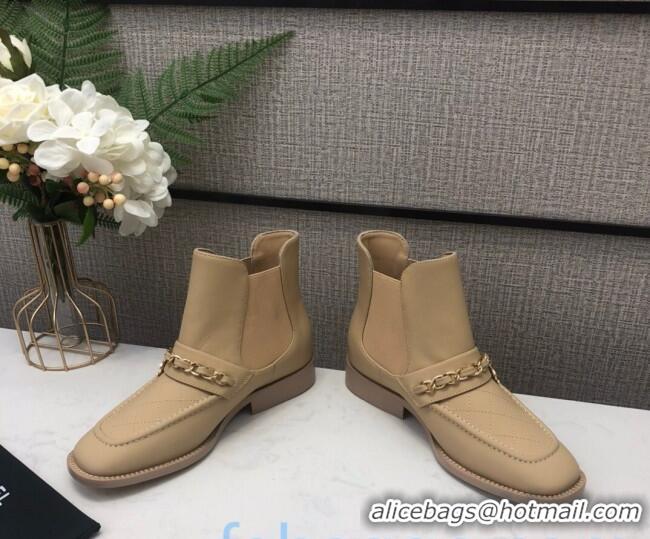 Grade Quality Chanel Quilted Calfskin Short Chelsea Boot with Chain 92433 Beige