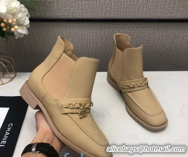 Grade Quality Chanel Quilted Calfskin Short Chelsea Boot with Chain 92433 Beige