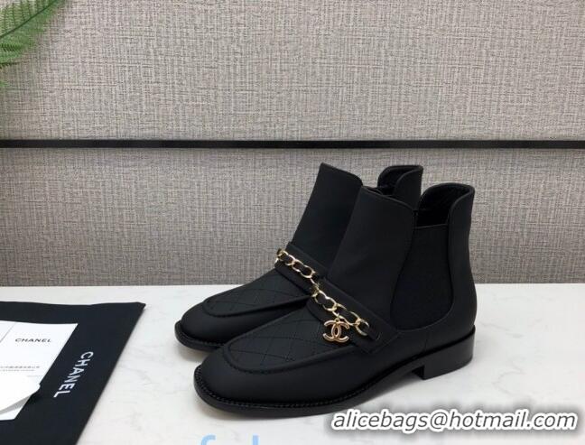 Stylish Chanel Quilted Calfskin Short Chelsea Boot with Chain 92433 Black