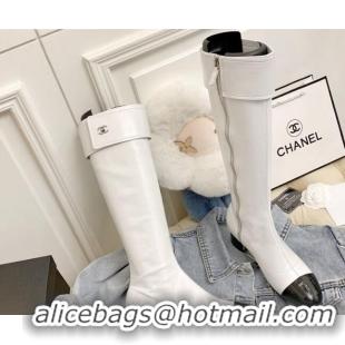 Sophisticated Chanel Crinkled Leather Foldover High Boots 45mm 92462 White 2020