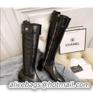 Grade Chanel Crinkled Leather Foldover High Boots 45mm 92462 Black 2020