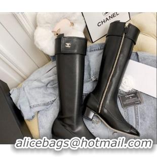 Unique Style Chanel Calfskin Foldover High Boots Black 45mm 92464