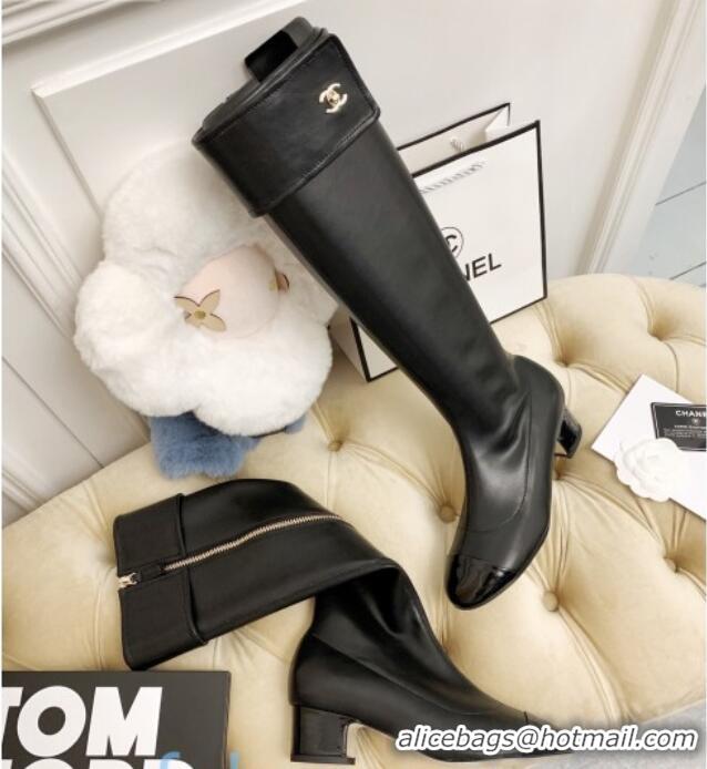 Unique Style Chanel Calfskin Foldover High Boots Black 45mm 92464