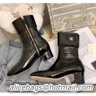 Crafted Chanel Crinkled Leather Foldover Short Boots 45mm Black 92466 