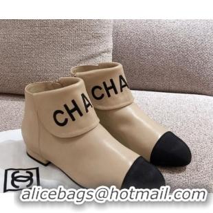 Luxury Chanel Calfskin Flodover Shoer Boots 92714 Beige