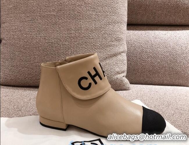 Luxury Chanel Calfskin Flodover Shoer Boots 92714 Beige