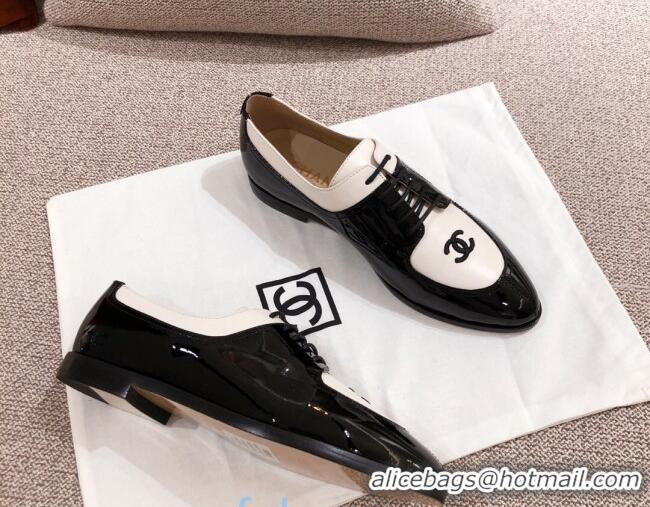 Best Grade Chanel Virgin Patent Patchwork Leather Lace-up Shoe Black 92718