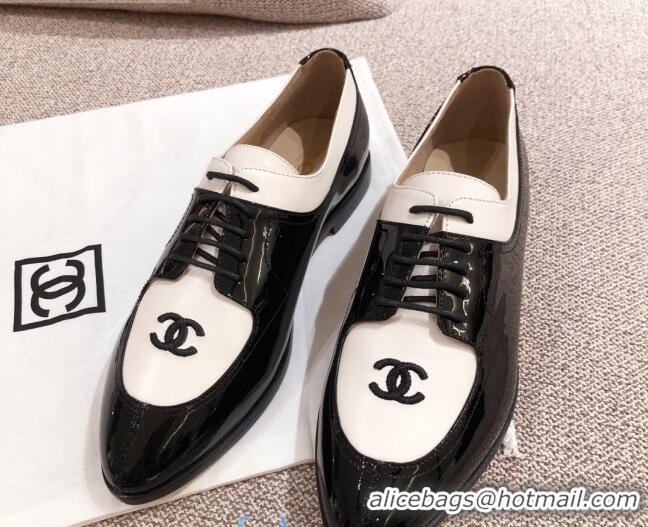 Best Grade Chanel Virgin Patent Patchwork Leather Lace-up Shoe Black 92718