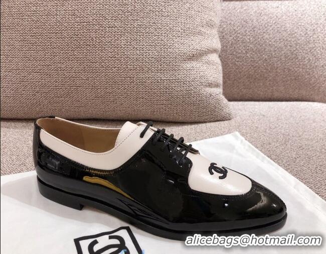 Best Grade Chanel Virgin Patent Patchwork Leather Lace-up Shoe Black 92718