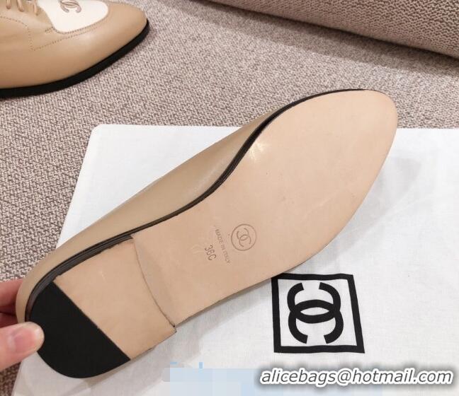 Top Grade Chanel Virgin Patent Patchwork Leather Lace-up Shoe 92718 Beige