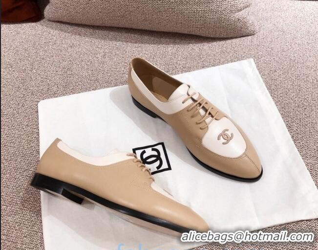 Top Grade Chanel Virgin Patent Patchwork Leather Lace-up Shoe 92718 Beige