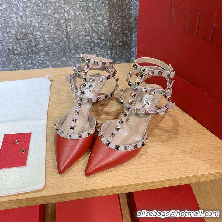 Buy Classic Valentino Suede Heel 6.5cm Rockstud Ankle Strap Pumps 120407 Red