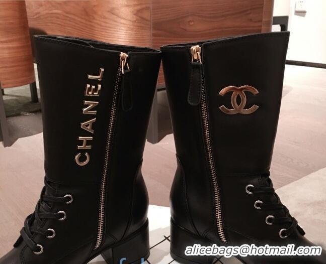 Top Design Chanel Lambskin Studded Short Boots 92729 Black