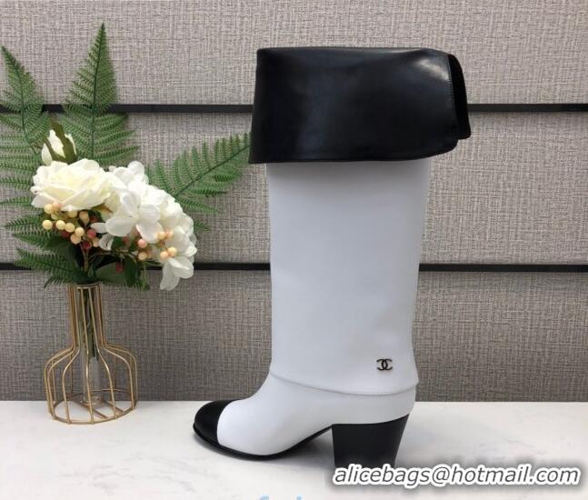 Good Product Chanel Calfskin Foldover Heel High Boots 65 mm G36719 White/Black 2020