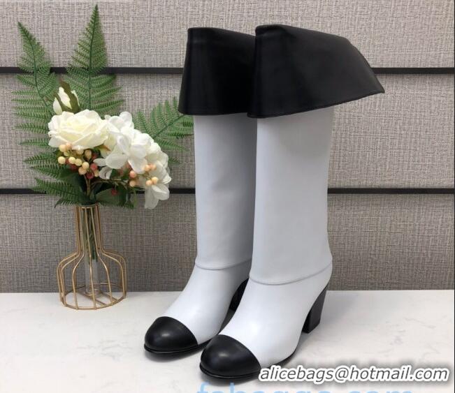 Good Product Chanel Calfskin Foldover Heel High Boots 65 mm G36719 White/Black 2020