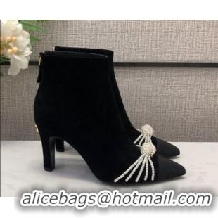 Discount Chanel Suede Pearl Knot Heel Short Boots 85mm Black 22020