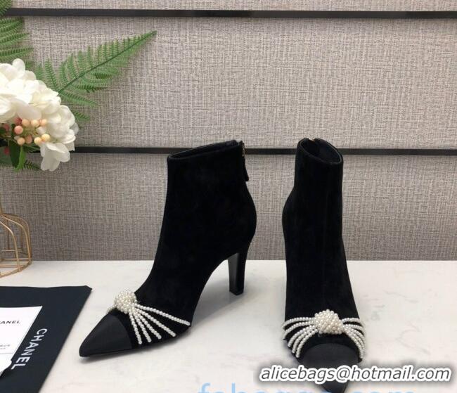 Discount Chanel Suede Pearl Knot Heel Short Boots 85mm Black 22020