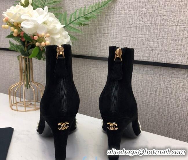 Discount Chanel Suede Pearl Knot Heel Short Boots 85mm Black 22020